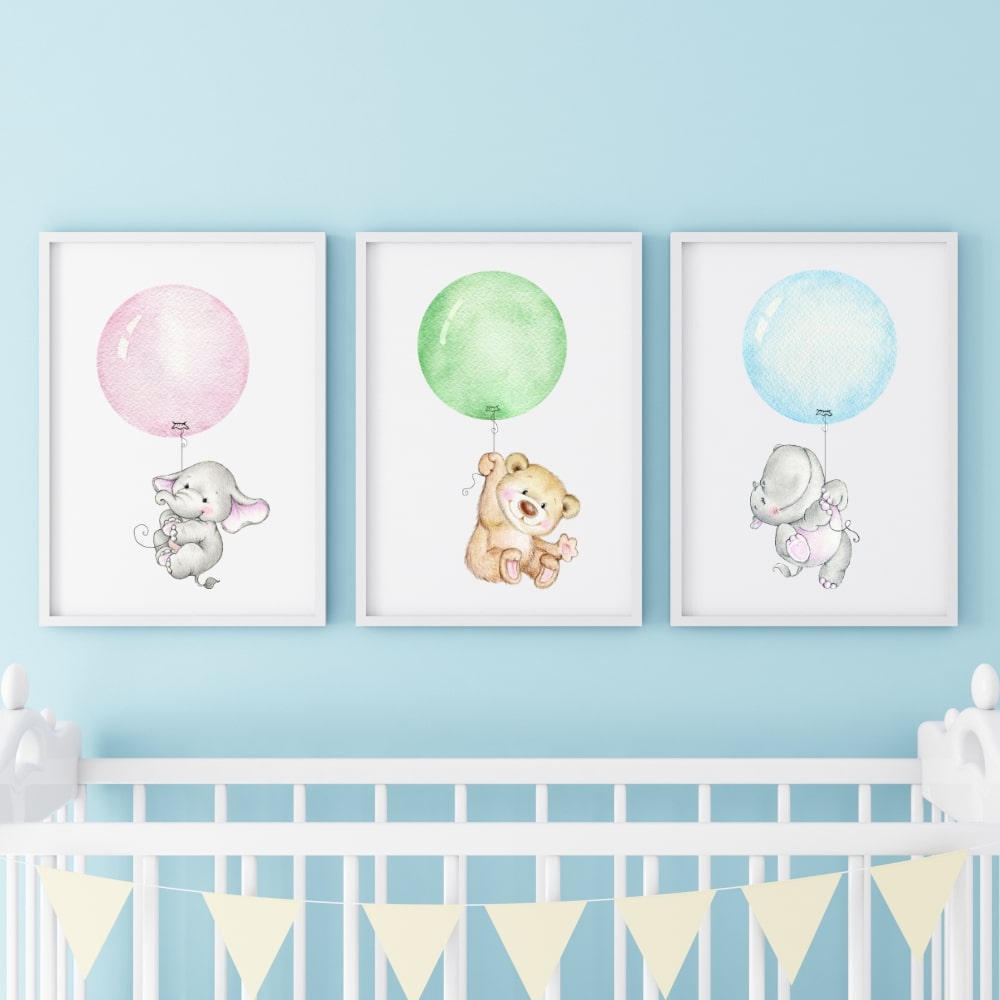 3er Set Kinderzimmer Babyzimmer Poster Bär, Bilder A4 Nilpferd Elefant