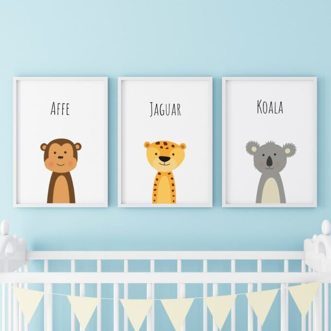 Poster für das Kinderzimmer Affe Jaguar Koala Blau