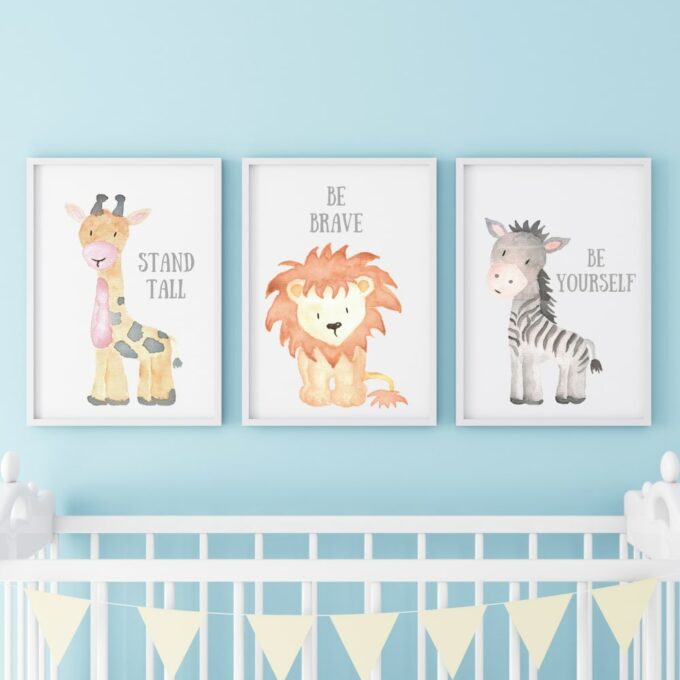 Poster für das Kinderzimmer Löwe Giraffe Zebra Blau