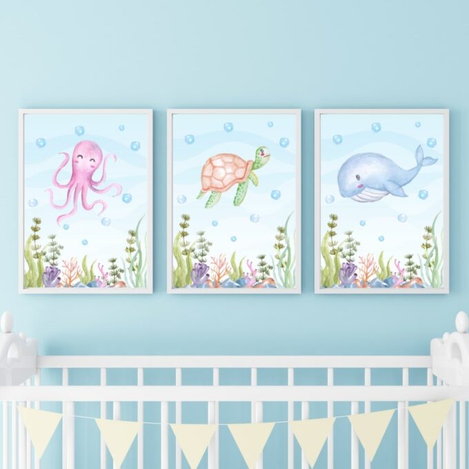 Poster für das Kinderzimmer Oktopus Schildkröte Wal Blau