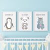 Poster für das Kinderzimmer Pinguin Panda Nashorn Blau