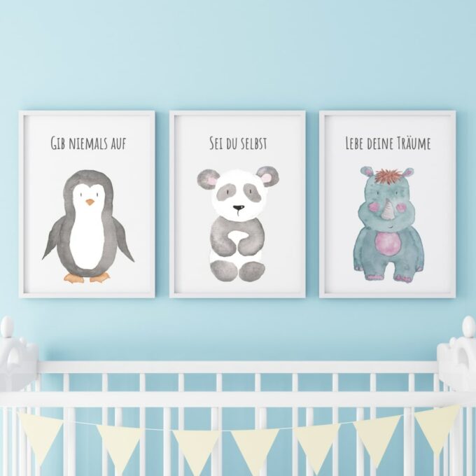 Poster für das Kinderzimmer Pinguin Panda Nashorn Blau