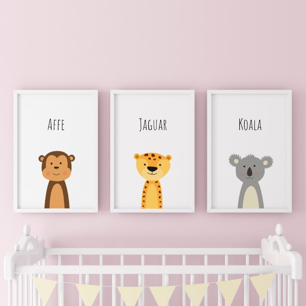 3er Set Kinderzimmer Babyzimmer Poster Bilder A4 Affe, Jaguar, Koala | Poster