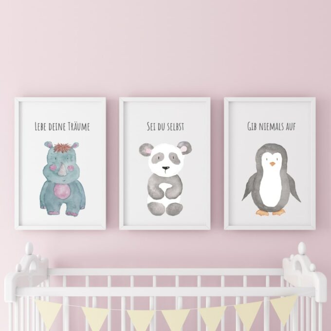 Poster-für-das-Kinderzimmer-Pinguin-Panda-Nashorn-Rosa